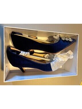 Erijunor Navy Blue Velvet Low Heel Dress Shoes with Rhinestone Buckle, Size 7